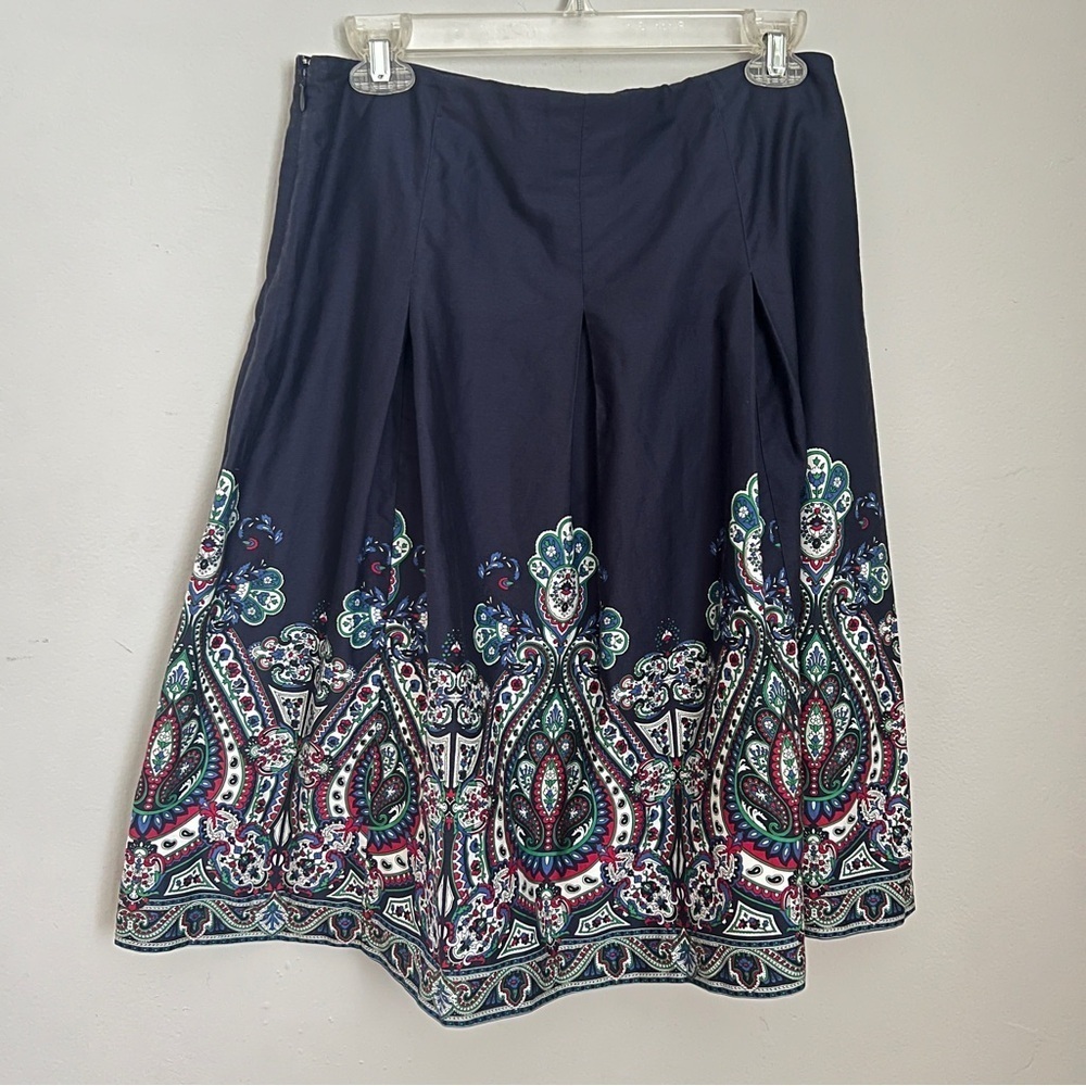 Talbots Blue & Green Paisley A-Line Knee-Length Skirt w/Pleated Embellishments